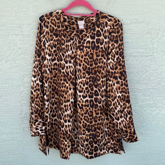 CHICO'S Womens 2 (12/14) Top Tunic Animal Cheetah Print Front Pleat - Picture 1 of 10